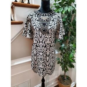Dina Be Women Black/White Polyester Short Sleeve Round Neck Knee Length Dress M